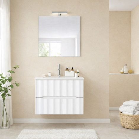 Mobile Bagno Sospeso 60Cm Bianco Con Frontale Cannettato E Lavabo  Magnolia
