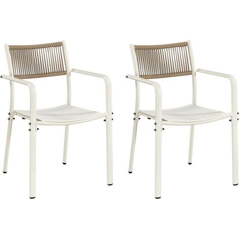 Pair of Rope Effect Backed Bistro Arm Chair - Metal/Plastic - L56 X W54 X H80 Cm - White - Flat Packed