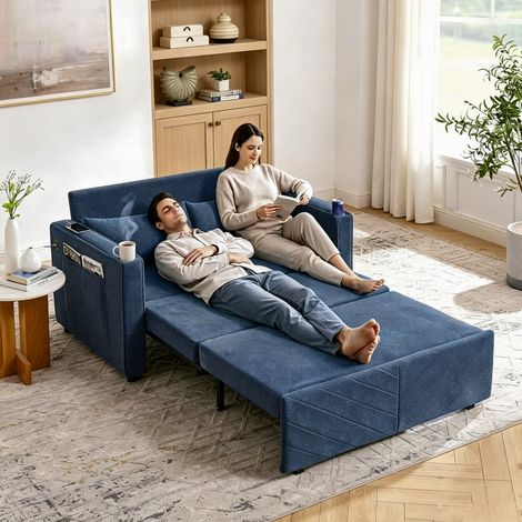 REDOM - Sofá cama , función 3 en 1, sistema deslizante, puertos USB integrados, madera y tela azul marino (1/5)