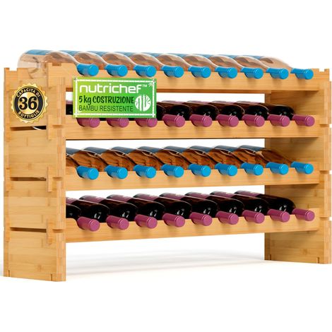 NutriChef Portaoggetti per Vino Impilabile in Bambù, Capacità 36 Bottiglie a 4 Livelli - Portaoggetti Modulare Autonomo per Cucina e Cantina, 85 cm x 25 cm x 53 cm (1/5)