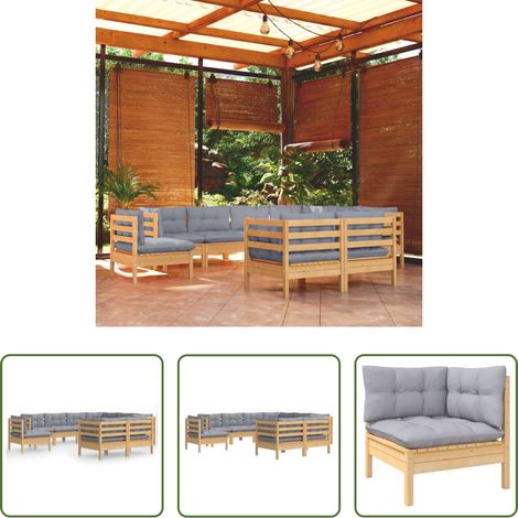 Gartenmöbel - 9-tlg. Garten-Lounge-Set mit Grauen Kissen Kiefer Massivholz (1/5)