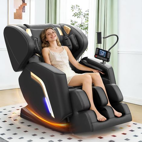 Fauteuil de massage avec fonction chauffante, 14 rouleaux, 9 coussins d'air, massage des pieds, haut-parleur Bluetooth, commande via smartphone, écran tactile, noir (1/5)