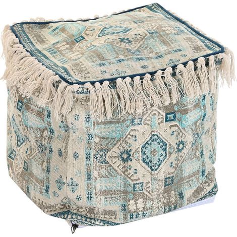 Pouf coton frangé bleu beige pour détente stylée - Bleu et beige à motifs (1/3)