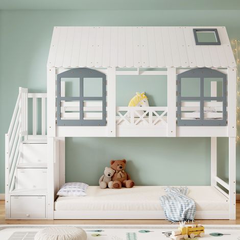 Lit superposé 90x200 cm, avec toit et fenêtres, grille antichute, escalier avec 3 casiers, pin + MDF, sommier à lattes, adapté aux enfants et adolescents - Blanc (1/5)