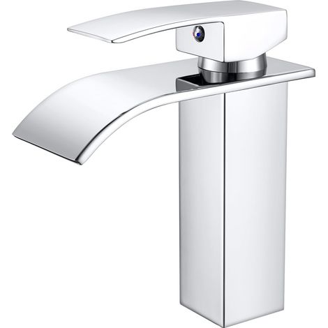 Mitigeur Lavabo Cascade avec Bec Hauteur 10cm, Robinet Lavabo Salle de Bain Moderne, Mitigeur Monocommande Lavabo Eau Chaude et Froide Disponible (sans Bonde, sans Tirette de Vidage) Chromé (1/5)