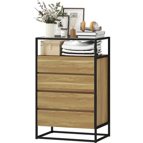 Aktenschrank mit 4 Schubladen und offenem Fach, Stahl und Sicherheitsglas