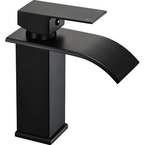 Robinet cascade noir, noir mat pour salle de bain, mitigeur monocommande pour eau chaude et froide, mitigeur haute pression, inoxydable, design moderne (1/5)