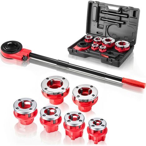 VEVOR Kit de Roscado de Tuberías con Trinquete, Roscadora Manual para Tubos con Trinquete, Juego de Terrajas con 6 Medidas BSPT de 1/2" a 2" NPT, Mango y Maletín Portátil para Reparación y Instalación (1/5)