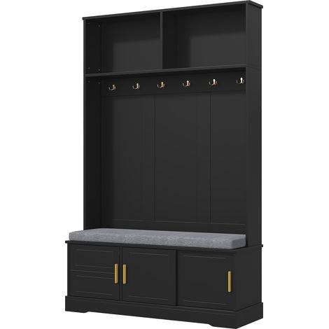 Perchero de pie con banco zapatero, 6 ganchos triples, negro, 120 x 40 x 191 cm, HOMVRA (1/5)