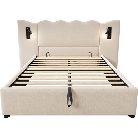 Cama matrimonial acolchada 160 x 200 con luz de lectura y cargador USB Type-C, beige, lino (1/5)