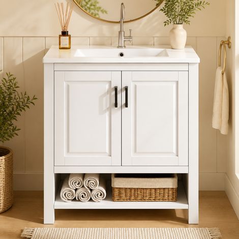 Meuble-lavabo autoportant - 76,5 x 47 x 83 cm - Blanc - Lavabo en céramique intégré (1/5)