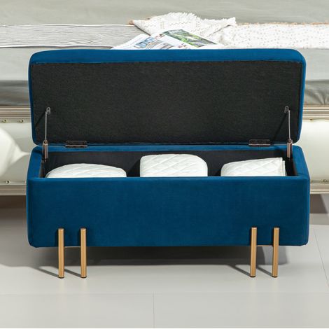Banc coffre de rangement capitonné en tissu bleu, structure en bois et pieds en métal galvanisé, 100 x 40 x 42 cm, banc d’appoint pour entrée, salon, chambre  CHICFURN (1/5)
