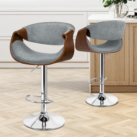 ALFORDSON 360° Swivel Wooden 2x Bar Stools, Height Adjustable，Footrest, Linen Fabric,Back Support for Home Bar, Counter, Breakfast Nook, Kitchen, Grey