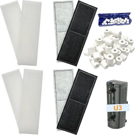 Lot de 2 filtres pour aquarium compatibles avec les filtres internes Fluval U3, comprenant 4 mousses de carbone, 4 filtres en éponge et 1 anneau en céramique. Convient pour (1/5)