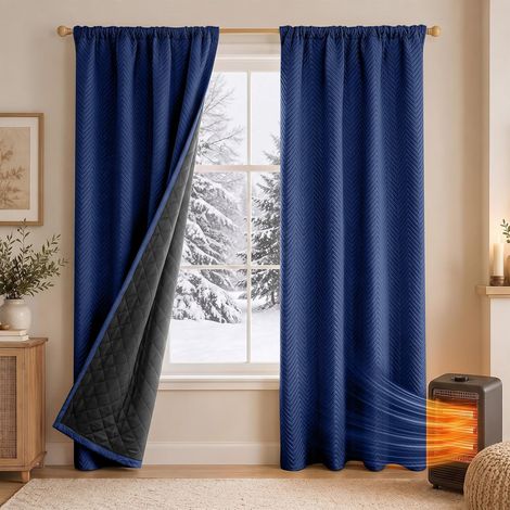 ROSNEK Chevron Rideaux Thermiques Occultants Matelassés 370 g/m² 140 x 245 cm 3 Couches Bleu Marine Lot de 2 Panneaux (1/5)