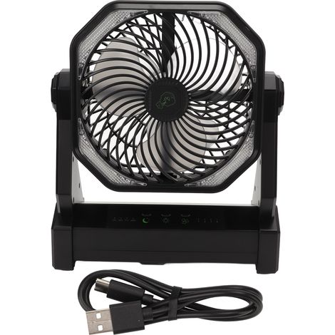 Ventilateur de Camping avec Lanterne LED 4 Niveaux 270° Pivot Grand Volume d'Air USB Rechargeable Noir