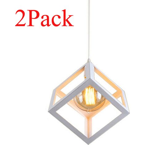2X Lampada a Sospensione, Creativo Lampada da Soffitto in Ferro, Illuminazione con Cubo Gabbia per Cucina Sala da Pranzo (Bianco)