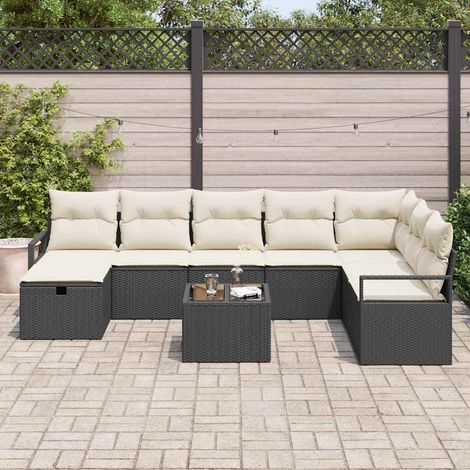 Sofa Set mit Kissen 9 pcs Schwarz und Creme Poly-Rattan (1/5)