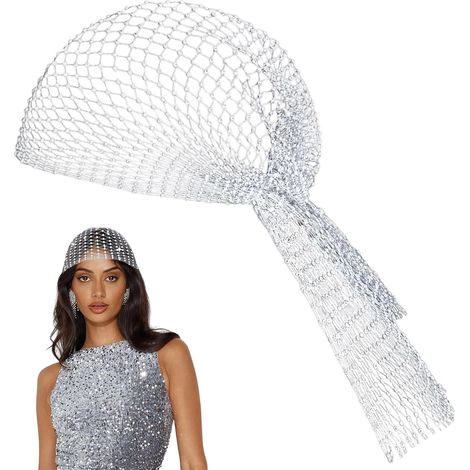Silbernes Strass-Haarband aus Netzgewebe – 1 Stück – Elastisches Polyester – Glänzendes Haaraccessoire – Für Disco und Club – 45–60 cm (1/5)