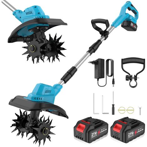 Motobineuse sans fil avec 2 batteries pour retourner et aérer le sol du jardin (1/5)
