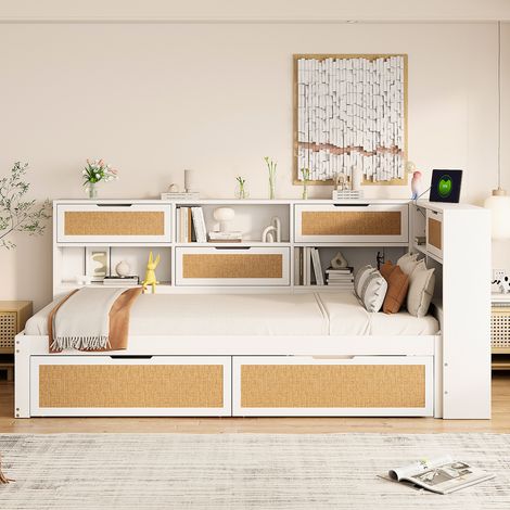 Cama infantil de 90x200 cm con 2 cajones, almacenamiento de mesilla y puertos USB, de madera, sin colchón, blanco (1/5)