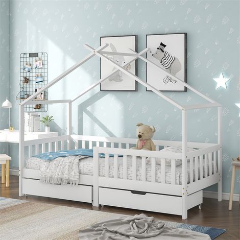 Lit Cabane Beau Lit de Maison Lit d'Enfant avec 2 Tiroirs Bois Massif avec Clôture et Sommier avec Sécurité Anti-Chute Blanc (200x90 cm) (1/5)