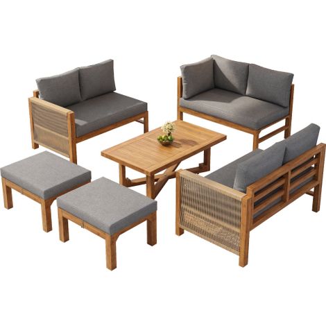 Gartenmöbel Set Akazienholz, Modulares 6-Sitzer Ecksofa mit Kissen, 2 Hockern und Tisch, für Terrasse und Garten