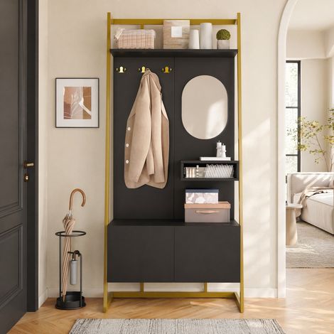 Meuble de rangement d'entrée avec miroir, crochets métalliques et rangement chaussures