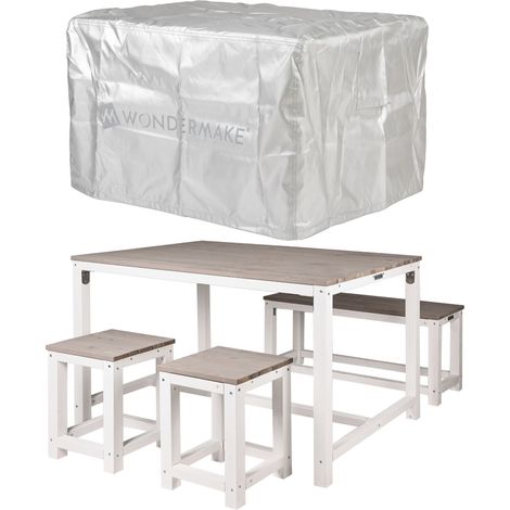 WONDERMAKE® Design Sitzgruppe Sitzgarnitur Holz mit Abdeckung Outdoor Garten Balkon 4 Personen Plätze, Essgruppe Möbel-Set Essgarnitur draußen außen, 4-teilig: Tisch Sitzbank Stühle Hocker, weiß grau (1/5)