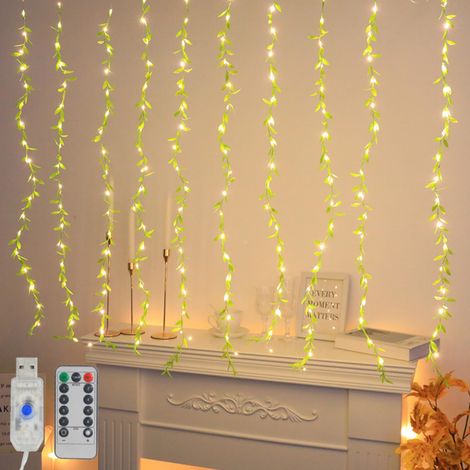 Rideau lumineux d'intérieur en forme de feuille de saule - 3 x 1 m - 200 LED - Décoration de printemps - Avec design feuilles - USB et télécommande - Fonction minuterie - Guirlande lumineuse de (1/5)