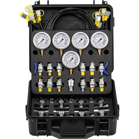 Hydraulic Pressure Test Kit with 5 Pressure Gauges (10/100/280/400/600 Bar), 12 Test Fittings, 14 T-Connectors, 5 Test Hoses, for Excavators and Construction Machinery (1/5)