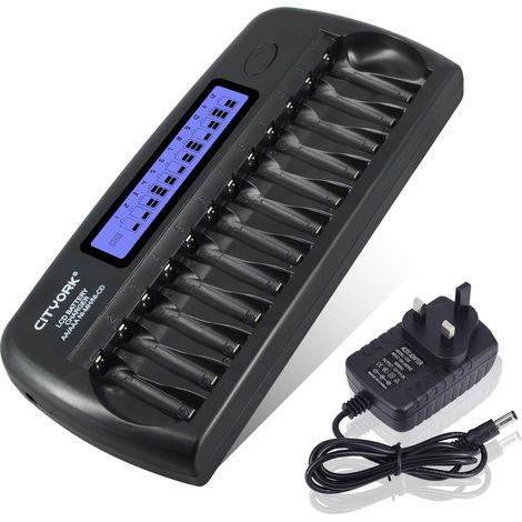 Chargeur Intelligent LCD avec 12 emplacements et Protection IC intégrée, pour Piles Rechargeables AA/AAA Ni-MH/Ni-CD avec Adaptateur Secteur Mural (1/5)