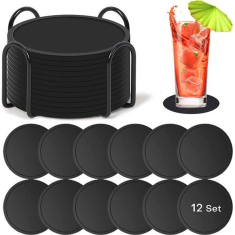Sous - verres en silicone avec support - set de 12 - sous - verres - sous - verres ronds - antidérapant - résistant à la chaleur - noir (1/5)