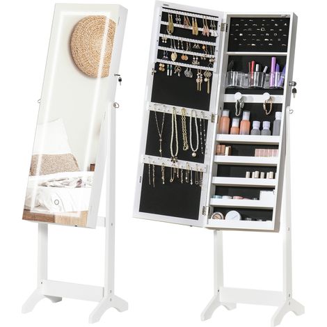 Specchio Portagioie Autoportante con Luce LED, Inclinazione Regolabile e Serratura, 46x36.5x151.5cm