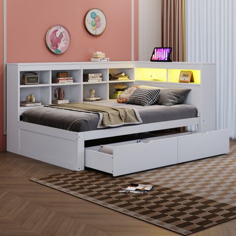 Canapé-lit 90 x 200 cm, lit simple adulte avec USB, LED, étagères et compartiments de rangement, en bois, blanc (1/4)