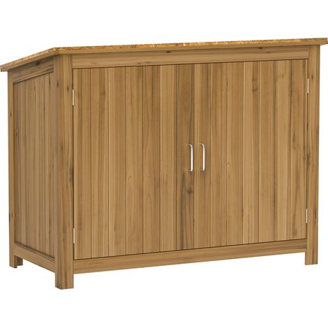Armoire extérieure en bois pour jardin avec toit pentu, deux étagères et deux portes, 110 x 50 x 85 cm, marron (1/5)