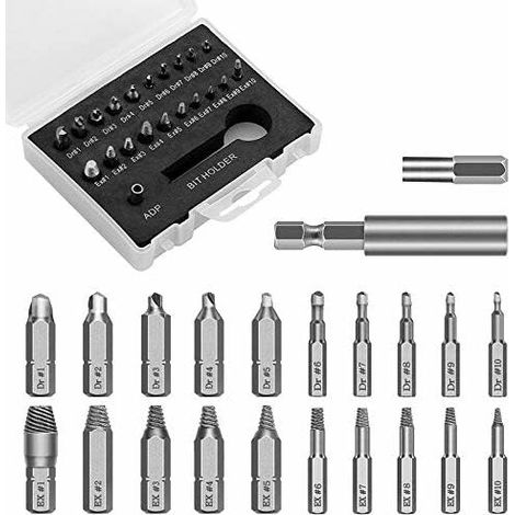 Sets d'embouts pour tournevis Endommagé Vis Extracteurs, 22pcs Extracteur de vis, 10 Foret Bit +10 Extracteur+Adaptateur de Socket + Porte-embout d'Extension, Parfait pour Facilement Retirer Divers V (1/5)