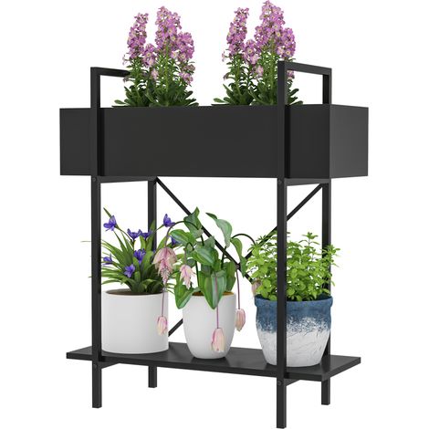 Support pour plantes, support pour pots de fleurs à 2 niveaux, trous de drainage, pour le intérieur et le extérieur, en métal noir (1/5)