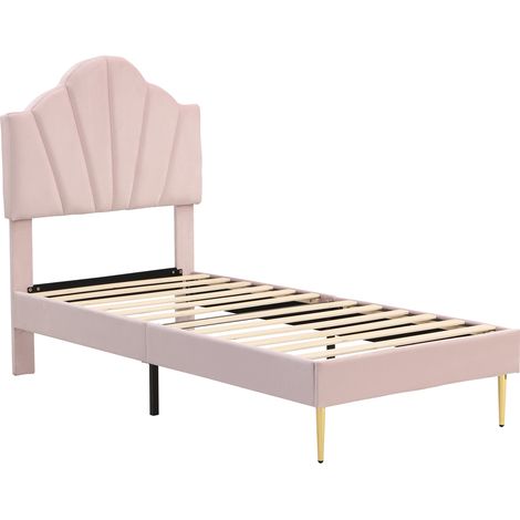 Lit capitonné en velours rose 90 x 200 cm avec tête de lit coquillage et pieds en métal doré HOMVRA (1/5)