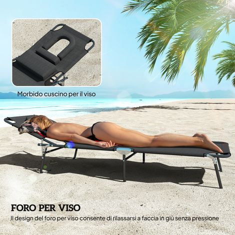 Chaise longue pliable noire pour extérieur, fauteuil inclinable de plage avec trou de lecture, siège de jardin réglable et pliant