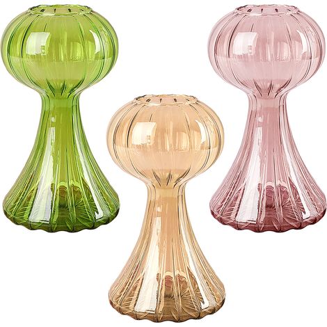 Lot de 3 Vases en Verre Décoratifs Modernes Coniques Citrouille Hydroponiques Design Élégant Rose Jaune Vert pour Intérieur (1/5)