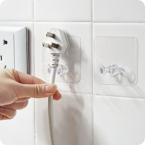 Crochet Adhésif Multifonction - Organisateur de Câbles pour Prise Électrique - Fixation Murale pour Maison et Bureau - Charge Maximale 1 kg - 6 x 6 x 2 cm - Plastique - 2 Pièces (1/5)