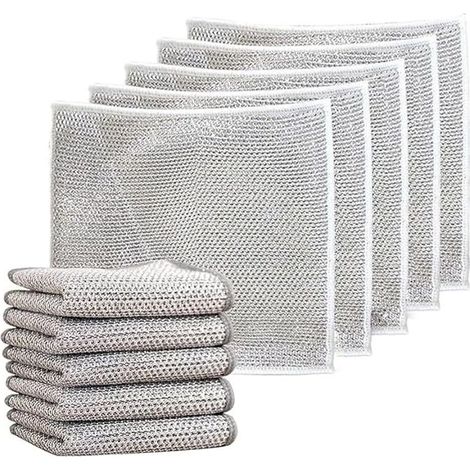 Chiffons à vaisselle en fil métallique polyvalents pour humides et secs, torchon multifonctionnel anti-rayures, chiffons à vaisselle en fil métallique double couche, torchons en microfibre (10 (1/5)