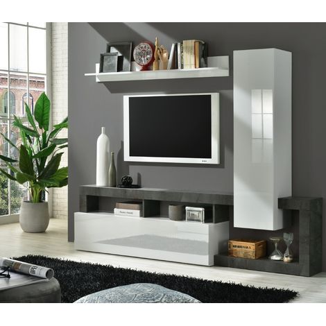 Ensemble tv mural laqué blanc et gris anthracite 220cm GAMA (1/5)