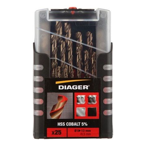 Set di punte DIAGER HSS - cobalto 5% - 25 pezzi - Ø da 1 a 13 mm - 707D