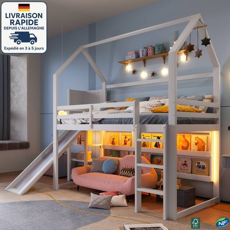 MODFU - Cama alta infantil LED 90×200cm con tobogán y balda de almacenaje, anticaída, sin colchón, pino, blanco (1/5)