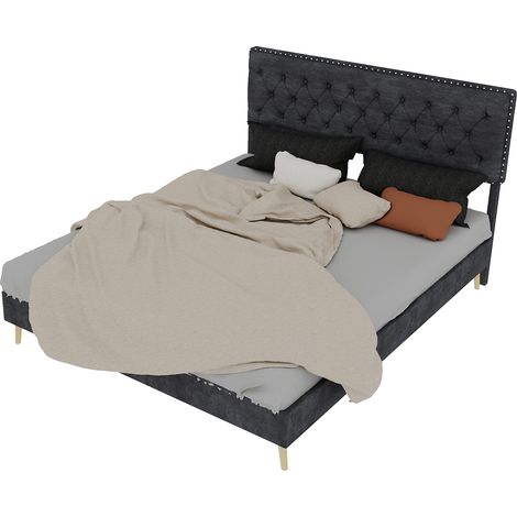 Lit moderne minimaliste moelleux, tête de lit confortable et douce, 160200CM, gris, meuble de chambre multifonctionnel, cadre de lit coffre bas sans vérin à gaz, sans matelas. (1/5)