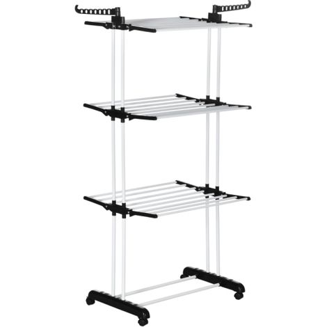 Foldable 4-Tier Steel Clothes Drying Rack with Wheels for Indoor and Outdoor Laundry Use, Durable Black Garment Organizer