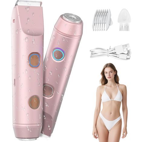 Tondeuse de bikini 2 en 1 pour femme – Rasoir électrique et rasoir pour poils corporels avec double têtes, étanche IP67, batterie sans fil de 60 minutes ( 1 mois), rechargeable par USB-C (1/5)