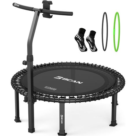 Trampoline élastique BCAN Soft Land Pro 40" pour adultes, capacité de 227 kg, élastiques à tension réglable, cadre monobloc, idéal pour le cardio en intérieur en silence. Poignée, support pour télépho (1/5)